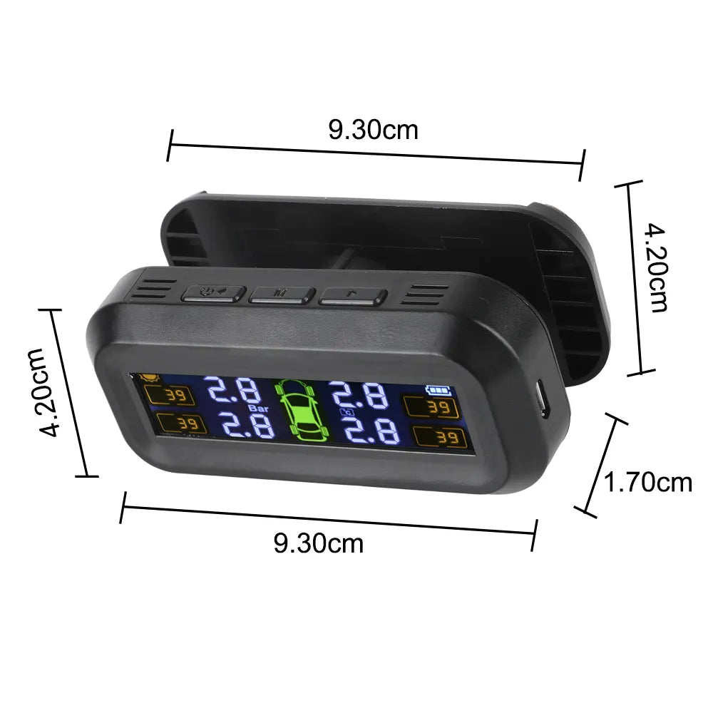 Digital Tire Pressure Monitoring System - Solar TPMS with 4 External Sensors and Temperature Warning - Car Tyre Pressure Monitor Manometer