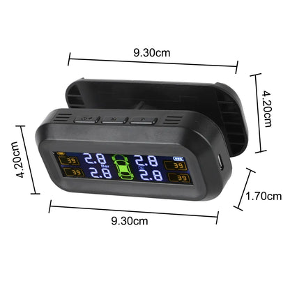 Digital Tire Pressure Monitoring System - Solar TPMS with 4 External Sensors and Temperature Warning - Car Tyre Pressure Monitor Manometer