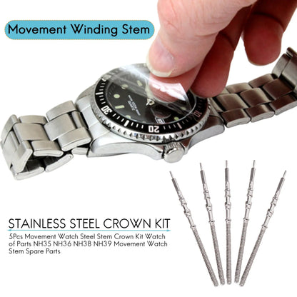 5Pcs Watch Steel Stem Crown Kit - Spare Parts for NH35 NH36 NH38 NH39 Movement Watch, Watch of Parts