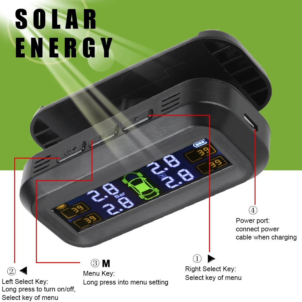 Digital Tire Pressure Monitoring System - Solar TPMS with 4 External Sensors and Temperature Warning - Car Tyre Pressure Monitor Manometer