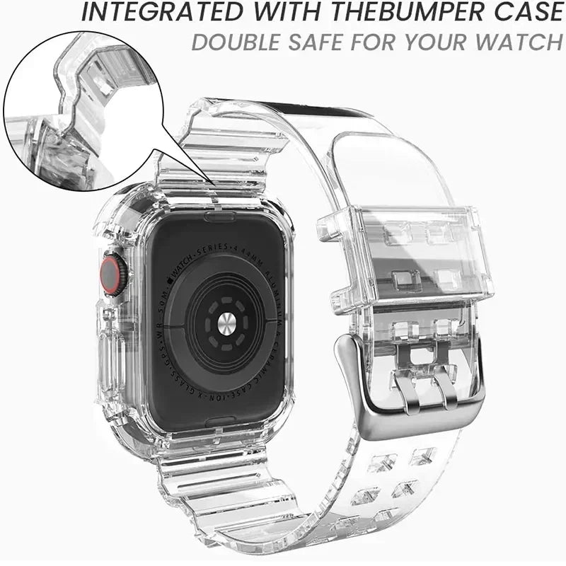 Clear Band & Case for Apple Watch | Transparent Plastic Strap | Fits 38mm, 40mm, 41mm, 42mm, 44mm, 45mm, 49mm | Series 3-9 & SE