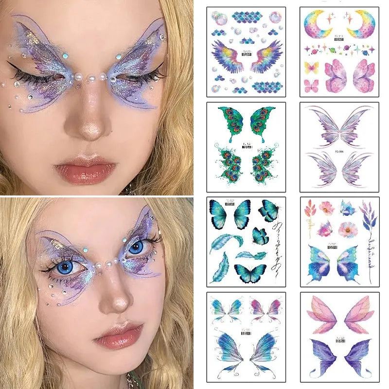 Fairy Butterfly Wings Shiny Tattoo Sticker: Waterproof Fake Tattoos for Women - Eyes, Face, Hand, Body Art for Makeup, Dance, Music Festival