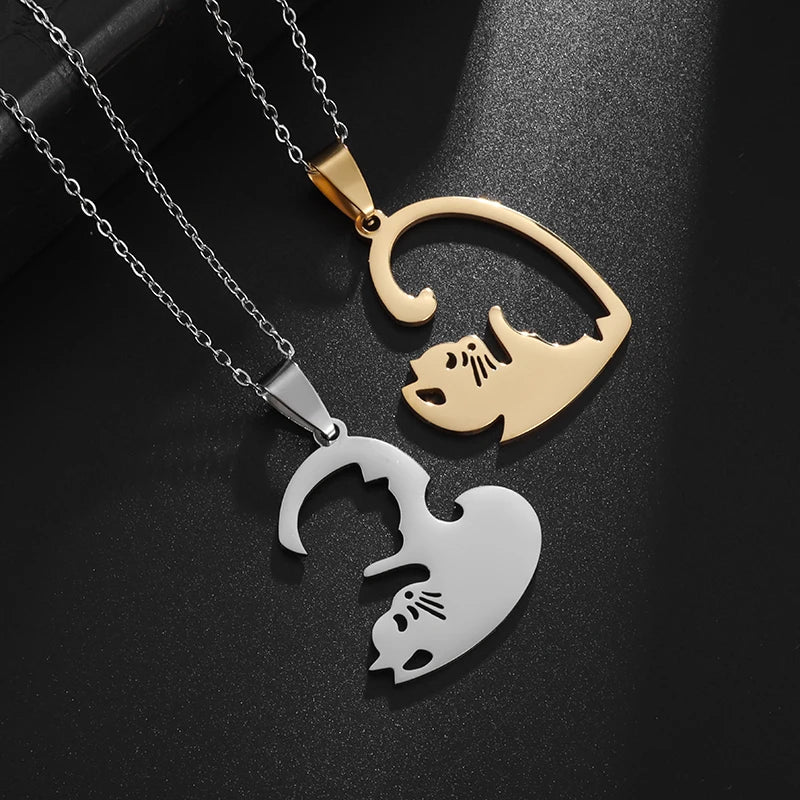 Stainless Steel Hugging Cat Couple Pendant Necklace – Cute Fashion Gift for Women and Girls