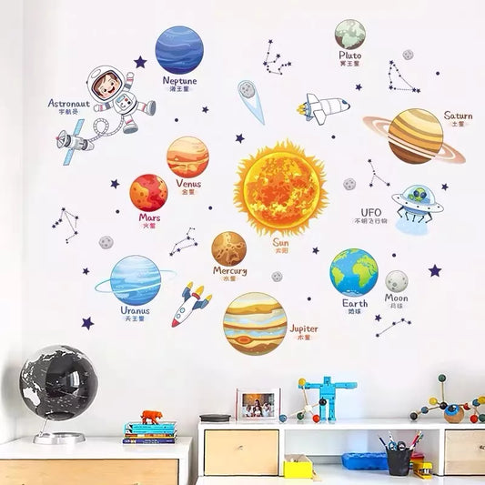 Kids Cartoon Solar System Wall Stickers - Cosmic Planets, Sun, Earth, Moon Decals for Bedroom, Reading Room, School Nursery