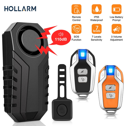 Hollarm Wireless Vibration Alarm for Bicycle and Motorcycle - IP55 Waterproof, Remote Control Anti-Theft Bike Detector System