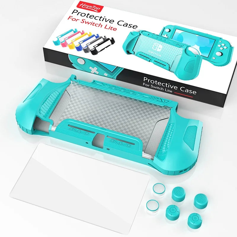 TPU Plaid Protective Sleeve for Nintendo Switch Lite – Includes Scratch-Resistant Tempered Glass Screen Film and 6 Keycaps