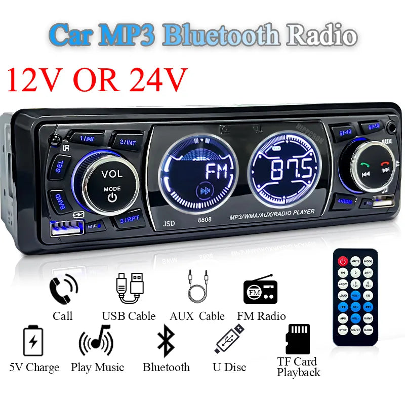 SINOVCLE 1din Car Radio Bluetooth Stereo MP3 Player - FM Receiver 60Wx4, Phone Charging Support, AUX/USB/TF Card In-Dash Kit