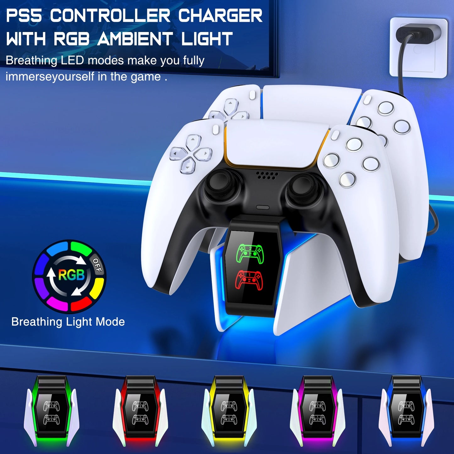 PS5 Dual Fast Charger & RGB Controller Charging Stand | LED Indicator Docking Station for PlayStation 5 Gamepad