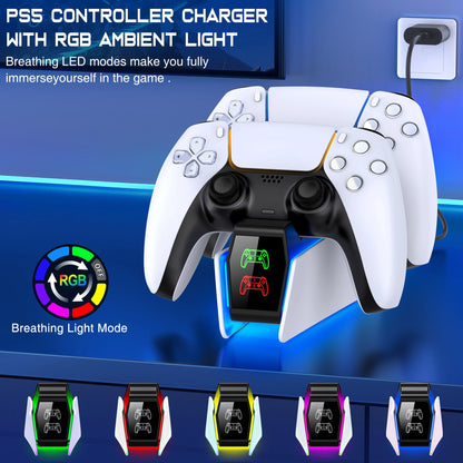 RGB Controller Charging Station for PlayStation 5 - Dual Fast Charger with LED Indicator Docking Stand for PS5 Gamepad