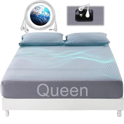 Queen Size Earthing Fitted Sheet (60x80in) with 2 Pillowcases - 10% Silver Fiber, 90% Organic Cotton Grounding Sheets