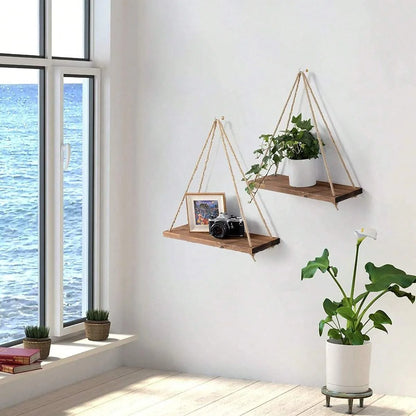 Hanging Rope Flower Pot Storage Rack – Wooden Wall Decoration for Home and Garden