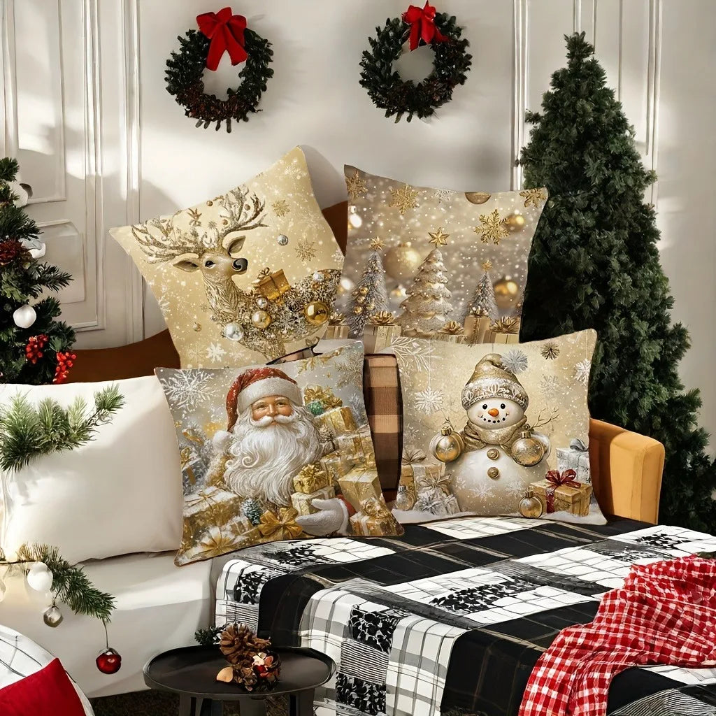 Christmas Zipper Pillowcase with Santa, Snowman, Deer and Tree Designs - Perfect for Outdoor Sofa and Living Room Decor