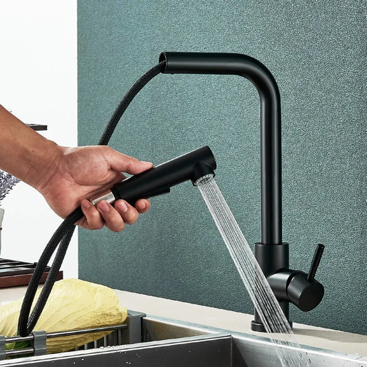 Black Pull Out Kitchen Sink Faucet - Flexible 2 Modes Stream & Sprayer Nozzle, Stainless Steel Hot Cold Water Mixer Tap Deck