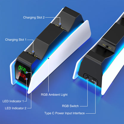 BEBONCOOL FC300 RGB Controller Charging Station - Dual Fast Charger with LED Indicator for PlayStation 5 Gamepad