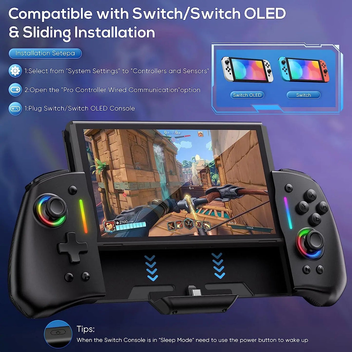 No Deadzone Enhanced Controller for Switch & Switch OLED – Adjustable LED Light, Ergonomic Design, 6-Axis Gyro