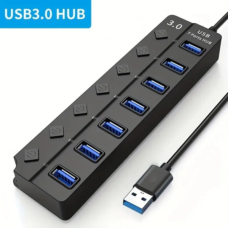 4/7-Port USB 3.0 Hub with LED Indicator - Independent Switch Control for Laptop, Flash Drives, Hard Drives, Printers, Cameras, and Keyboards