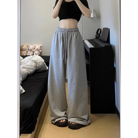 Deeptown Grey Sweatpants - Wide Leg Casual Sports Trousers for Women, Oversize Korean Fashion Streetwear Joggers