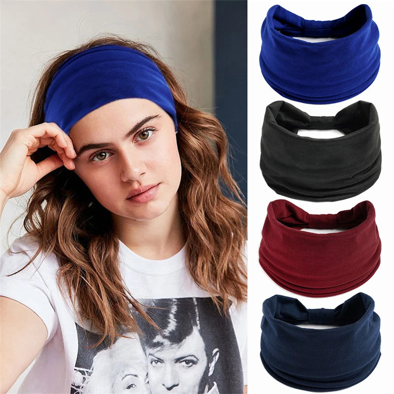 New Boho Wide Headbands: Solid Color Vintage Knot Elastic Turban Headwrap for Women & Girls - Soft Cotton Hair Accessories