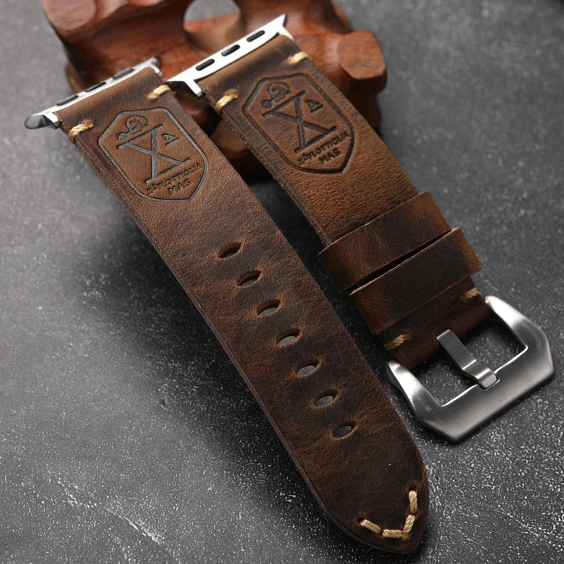 Handmade Vintage Crazy Horse Leather Bracelet – 40MM, 44MM, 45MM, 49MM, Fits Apple Watch S8 Ultra, Folded Thick Brown Strap