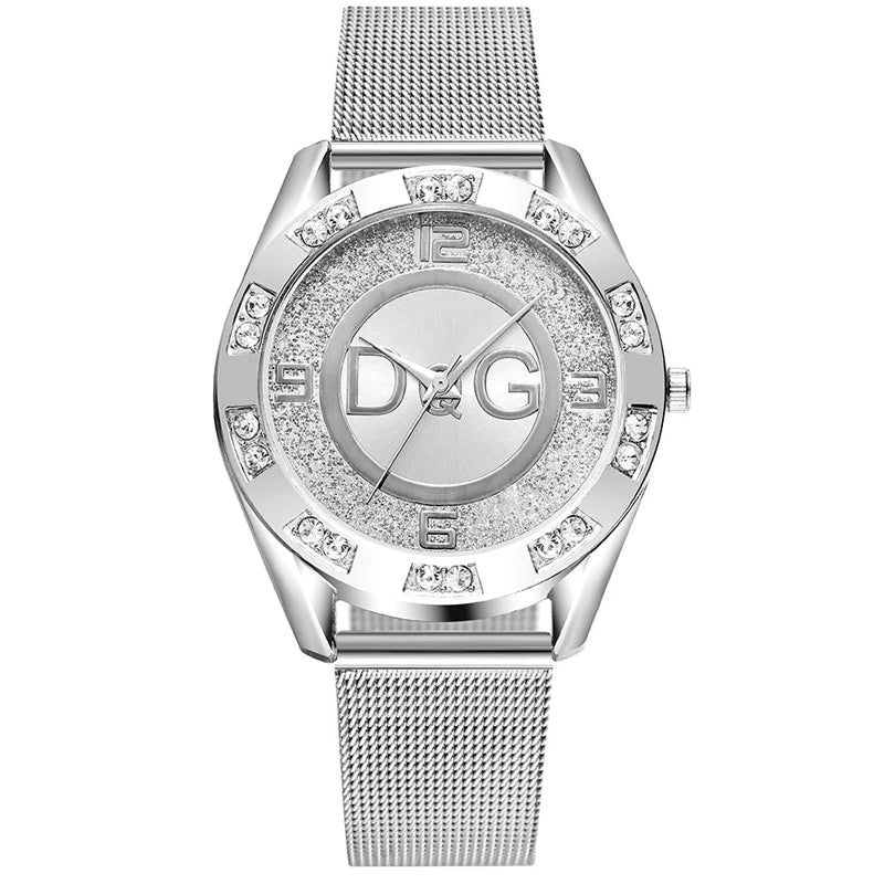 Luxury DQG Crystal Quartz Women's Watch - Gold and Silver Stainless Steel Dress Watch . Zegarek Damski