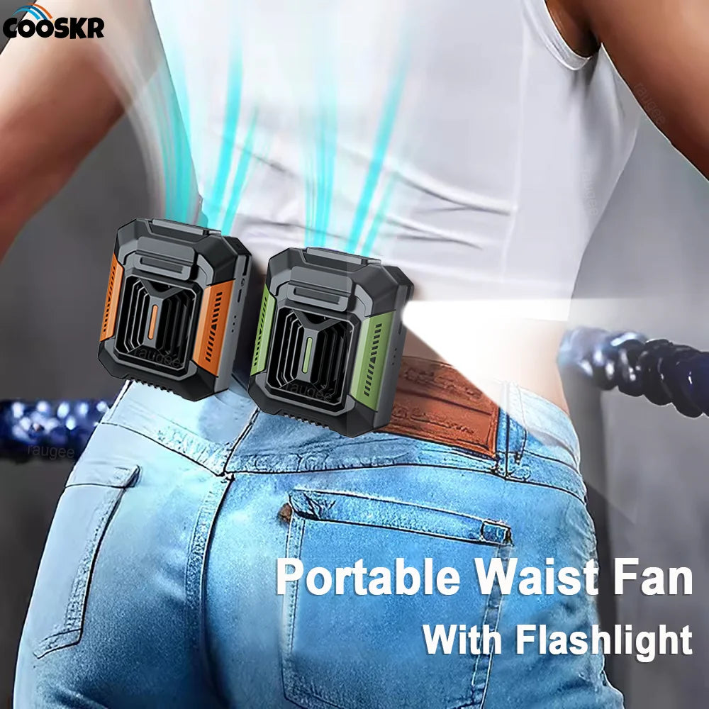 Portable Waist Fan – Mini Rechargeable 4000mAh Fan with Power Bank & LED Lighting, Wireless for Sports & Outdoor Activities