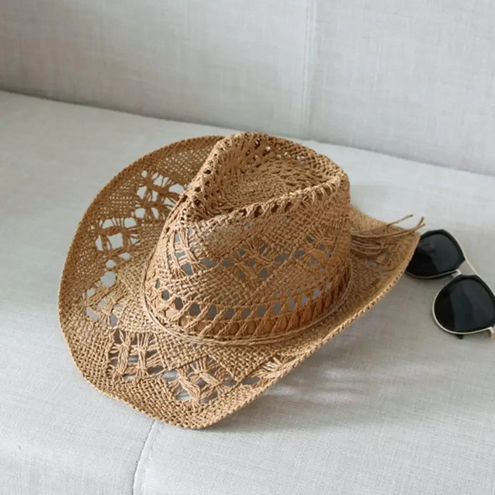 Classic Vintage Straw Western Cowboy Hat - Unisex Hollow Out Design with Wide Brim, Sun Protection Fishing and Climbing Cap