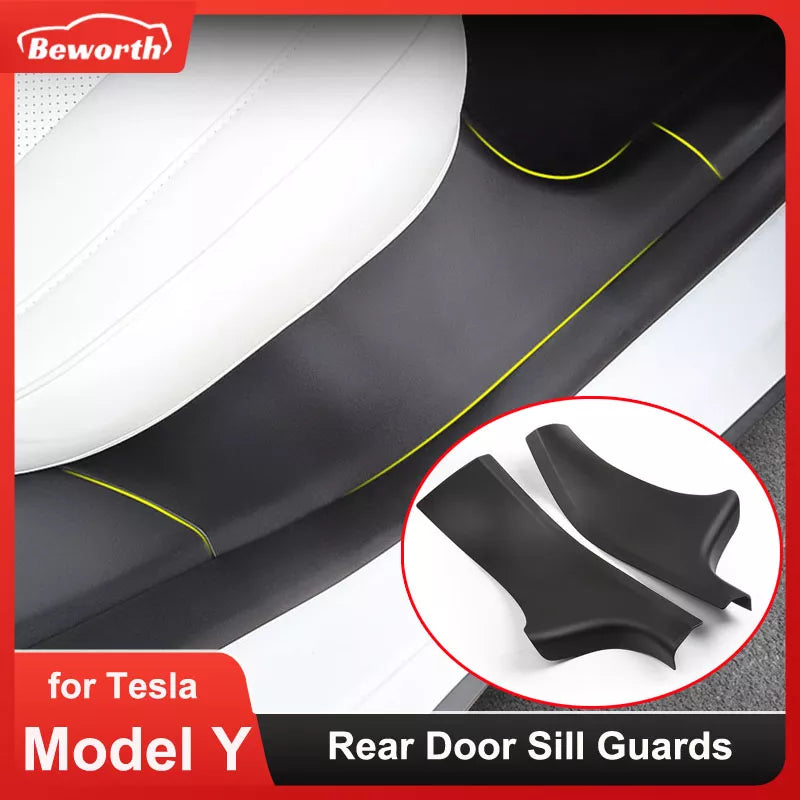 2pcs Rear Door Sill Guards for Tesla Model Y - ABS Inner Protector Plate Cover Trim, Car Anti-Dirty Bumper Welcome Pedal Kick Pad