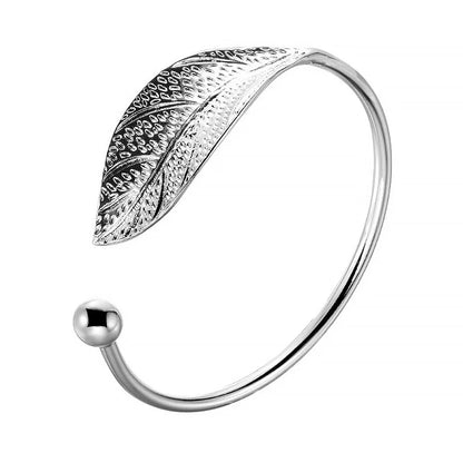 Fashion 925 Sterling Silver Leaf Shaped Cuff Bracelet: Adjustable Charm Bangle for Women - Girls Party Jewelry, Christmas Gift Idea