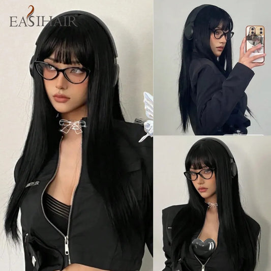 EASIHAIR Long Silky Straight Synthetic Wigs with Bangs: Black Cosplay Party Lolita Hair Wigs for Women - Natural Heat Resistant Wig