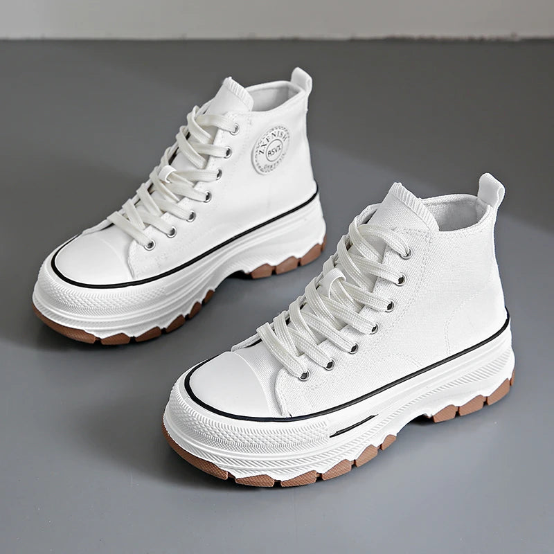 Women's High Top Sneakers - Lace-Up Casual Platform Canvas Shoes, Non-Slip and Wear-Resistant for Spring 2024