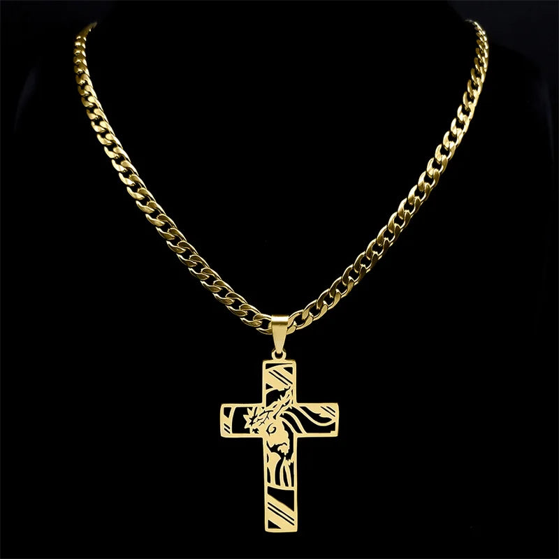 Hip Hop Punk Crown of Thorns Jesus Cross Necklace - Gold Plated Stainless Steel Crucifix Pendant for Men, Jewelry N8052