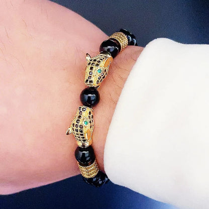 Luxury Black Stone Beads Bracelet with Leopard Head Charms - Couple Jewelry for Men and Women, Perfect for Valentine's Day