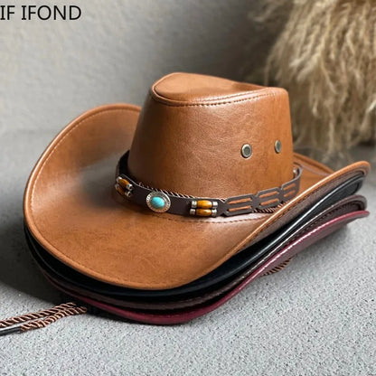 Faux Leather Western Cowboy Hat for Men and Women - Vintage Gentleman Panama Cowgirl Jazz Cap, Sombrero Hombre