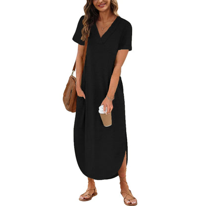 Summer Elegant Women's Cotton Linen Dress - Solid Color, Short Sleeve V-Neck, Comfortable Loose Fit with Pockets, Long Ladies Dress