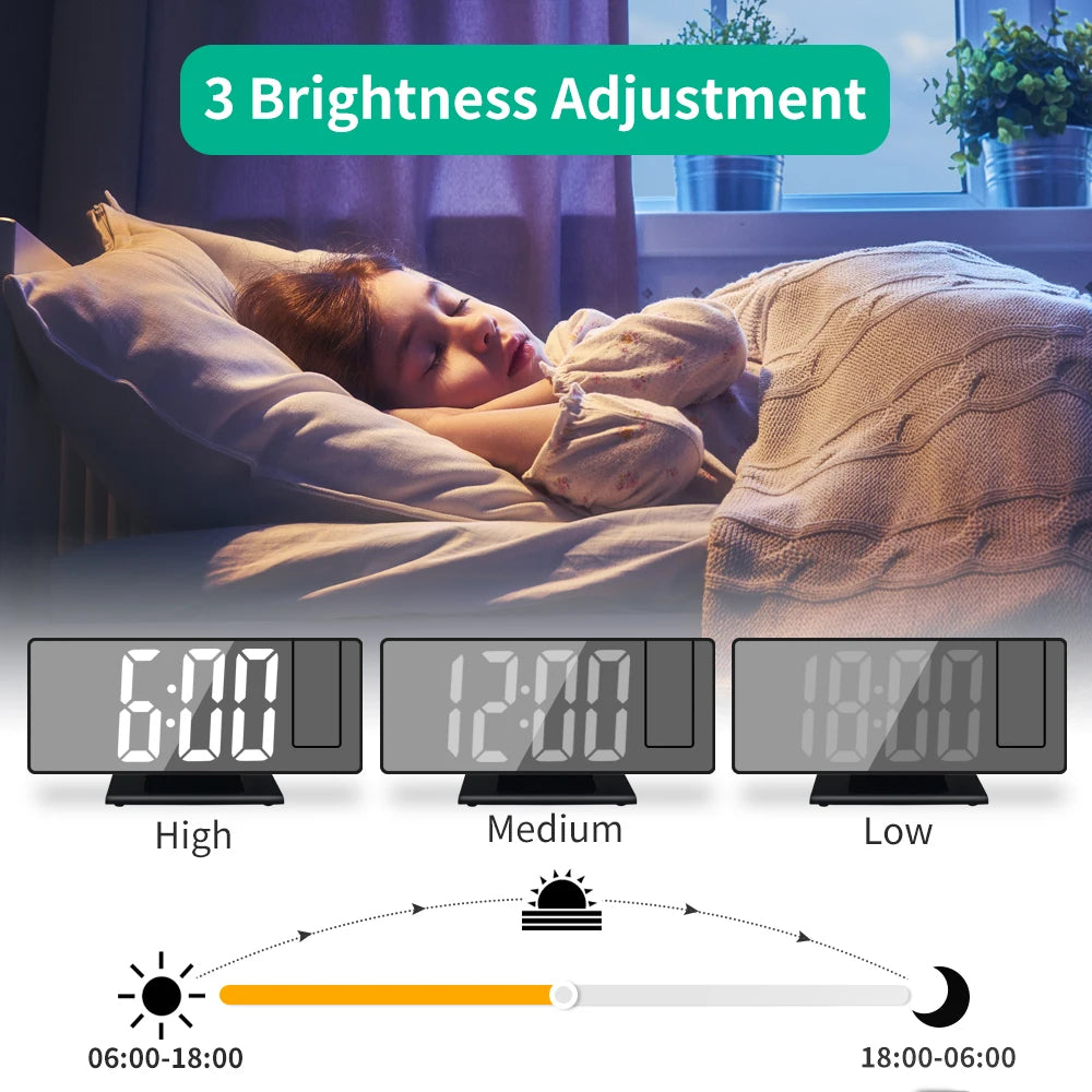 180° Arm Projection Digital Alarm Clock: Time, Temperature, Snooze Function - USB Projector LED Table Clock in 12/24H Format