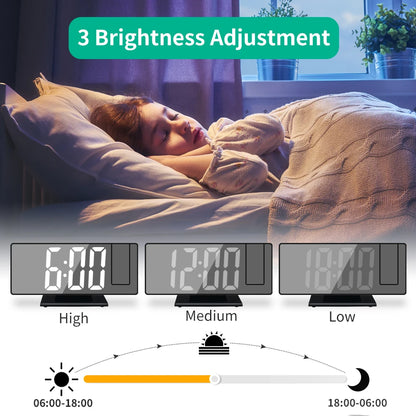 180° Arm Projection Digital Alarm Clock: Time, Temperature, Snooze Function - USB Projector LED Table Clock in 12/24H Format