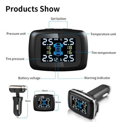 Smart Cigarette Lighter USB TPMS - Car Tire Pressure Alarm Monitor System with 4 Sensors, Displaying Tyre Pressure and Temperature