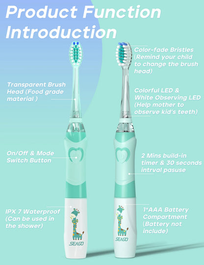 SEAGO SG977: Sonic Electric Kids Toothbrush with Colorful LED - Battery Operated, Waterproof, Soft Bristles