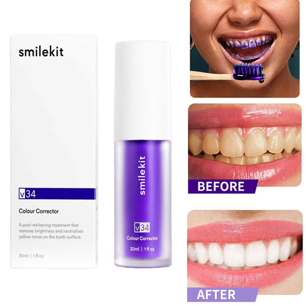 30ml V34 SMILEKIT Purple Whitening Toothpaste - Stain Removal, Yellowing Reduction, Teeth and Gums Care for Fresh Breath and Brightening Teeth