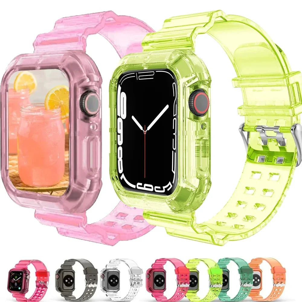 Clear Band & Case for Apple Watch | Transparent Plastic Strap | Fits 38mm, 40mm, 41mm, 42mm, 44mm, 45mm, 49mm | Series 3-9 & SE