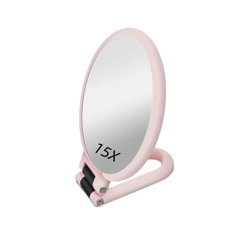 Double-Sided Magnifying Handheld Mirror - 1X/15X Magnification, Travel-Friendly with Folding Stand, Adjustable for Dressing Table