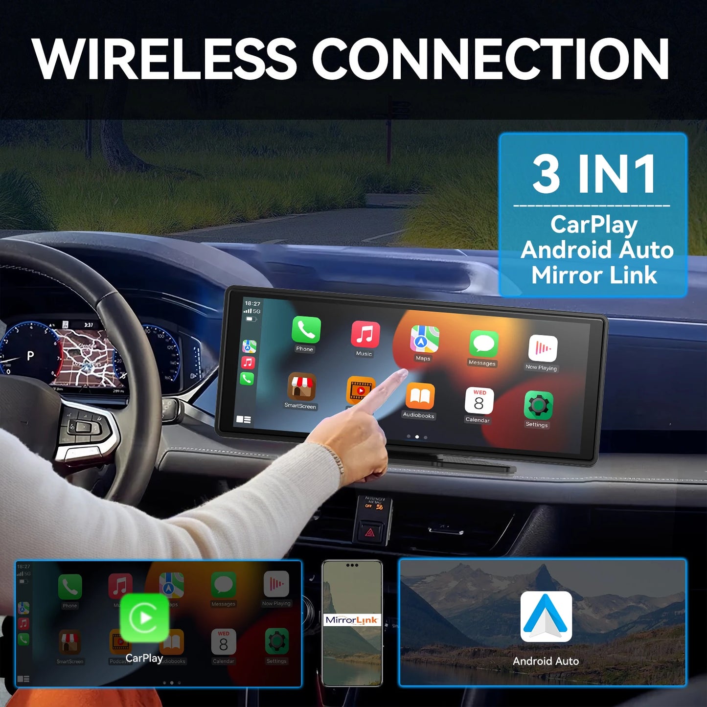 Universal Portable CarPlay Screen - Wireless Car Stereo with Android Auto, Car Touchscreen for All Cars