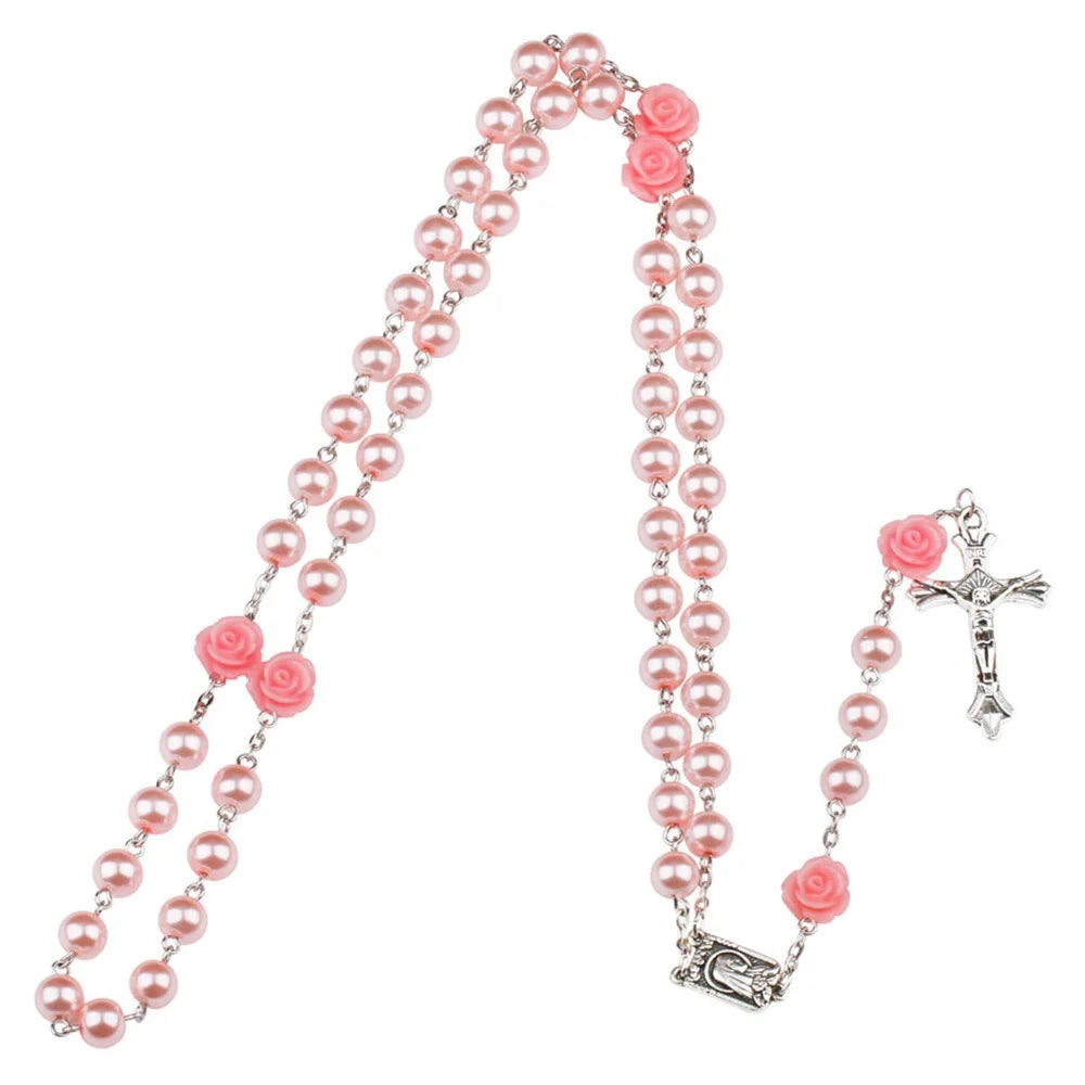 6MM Pink Rosary Necklace – Rose Glass Beads Chain with Crucifix Cross and INRI Pendant – Long Religious Prayer Jewelry for Women and Men