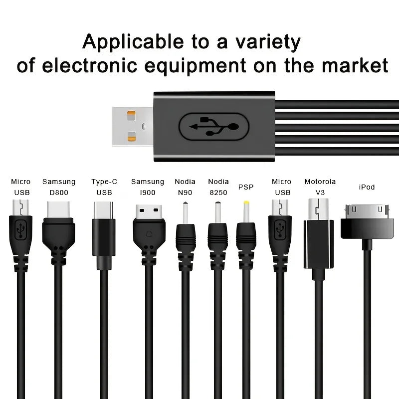 Universal USB to Multi-Plug Cell Phone Charger Cable | 10-in-1 USB Cable | Compatible with Samsung, Xiaomi, Huawei, Google, OPPO, Vivo