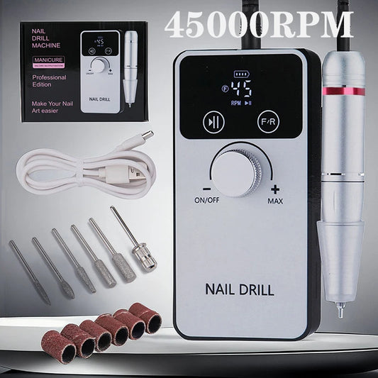 New 45,000RPM Professional Electric Nail Drill - Rechargeable Nail File for Gel Polish, Low Noise, Nail Accessories