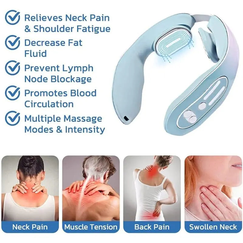 Blue Hot Compress Neck Massager - Cervical Massage Instrument with Micro Current Pulse Vibration - Kneading and Neck Physical Therapy