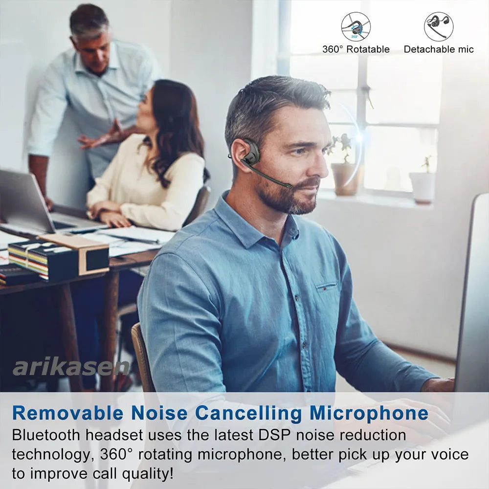 Open Ear Trucker Headphones with Detachable Microphone - Wireless Bluetooth Headsets for Business Office and Cell Phones