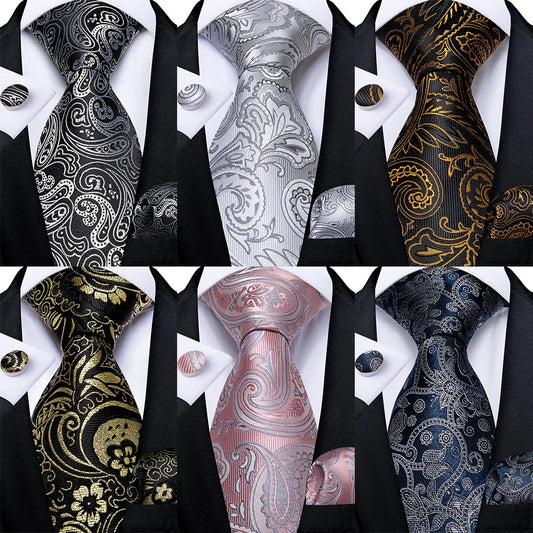 Grey and Gold Paisley Silk Necktie Set - 8cm Tie, Handkerchief, Cufflinks - Black Pink Grey Floral Design for Wedding and Party - Men's Gift