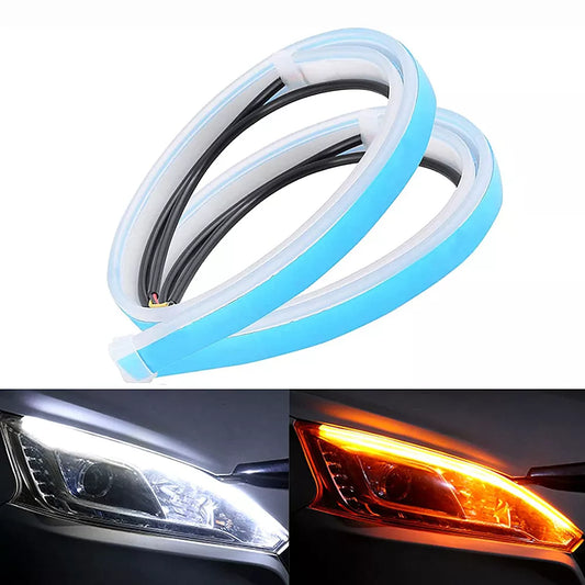 2pcs 12V LED DRL Car Daytime Running Light Strip - Flexible Waterproof Auto Headlights with White Turn Signal and Yellow Brake Flow Lights