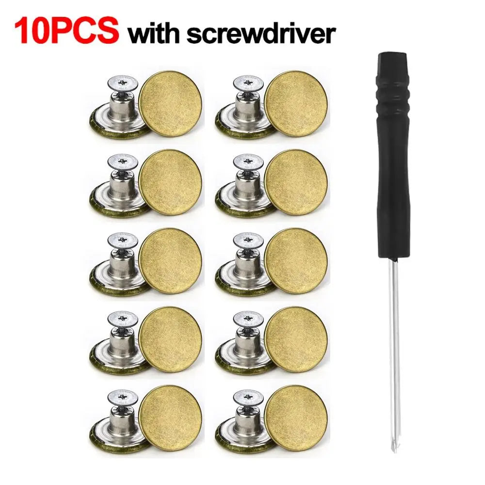 10Pcs Metal Jeans Buttons - 17mm No-Sewing Screw Replacement, Nailless Removable Jean Buckles and Repair Kit for Clothing